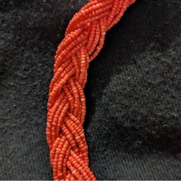Silver Tone Orange Coral Braided Beaded Statement Necklace - Picture 3 of 6